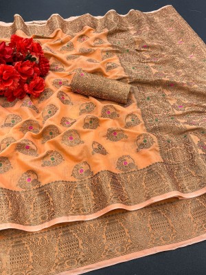 KREZVI Printed Banarasi Cotton Silk, Jacquard Saree(Orange)