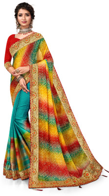 C P Vastralay Digital Print Bandhani Chiffon Saree(Light Green)