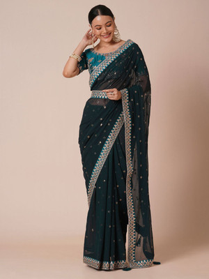 ANOUK Embellished Banarasi Georgette Saree(Green)