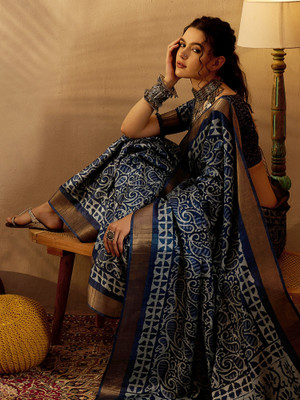 Sareemall Printed Madurai Silk Blend Saree(Dark Blue)