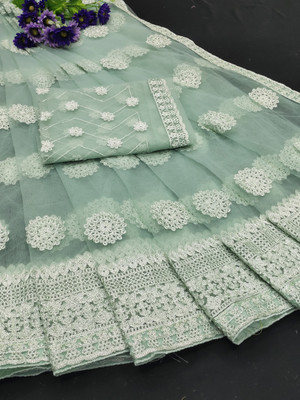GEZREL Embroidered Leheria Net Saree(Light Green)