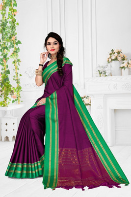 sai dhruvi fashions Solid/Plain Gadwal Cotton Silk Saree(Green, Purple)