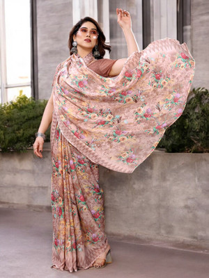 TTH Floral Print Bollywood Georgette Saree(Brown)
