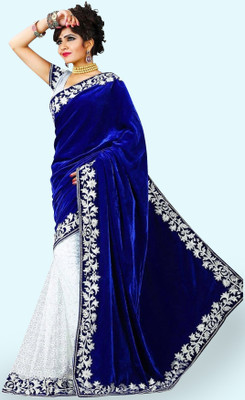 Anugrah Textile Embroidered Banarasi Net, Velvet Saree(White, Blue)