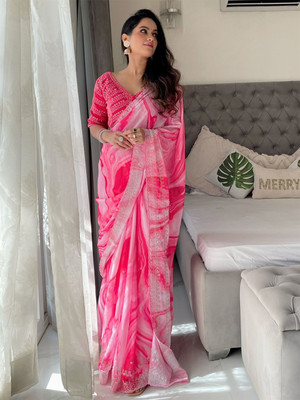 ANOUK Printed Saree with Attached Blouse Silk Blend Saree(Pink)