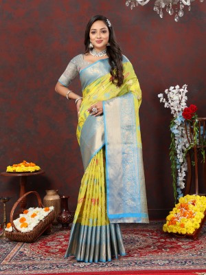 YUG ART Woven Banarasi Cotton Silk Saree(Yellow)