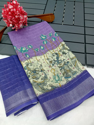 HangerStories Printed Kanjivaram Pure Cotton, Cotton Linen Saree(Purple)