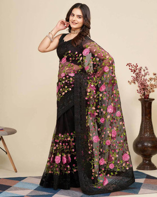 Celeb Styles Embroidered Bollywood Net Saree(Black)