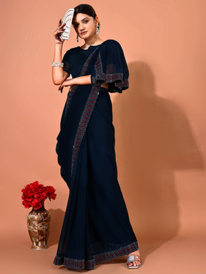Leelavati Embellished Bollywood Chiffon Saree(Dark Blue)