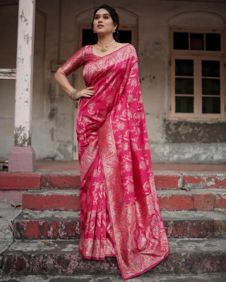 Vichitra Embroidered Chanderi Pure Silk Saree(Pink)