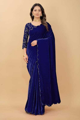 SNH EXPORT Self Design Bollywood Velvet Saree(Light Blue)