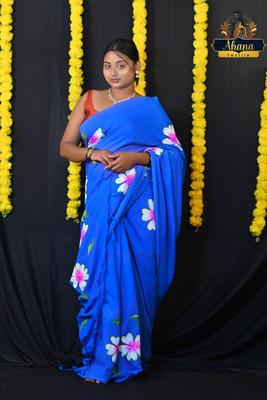 Ahana Textile Floral Print Handloom Cotton Blend Saree(Blue)