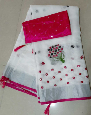KRIVITY Embroidered Bollywood Cotton Linen Saree(White)