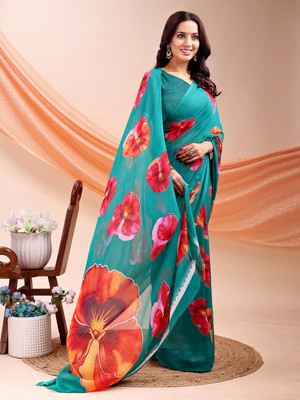VIBHAGYAA Printed Daily Wear Chiffon Saree(Light Blue)