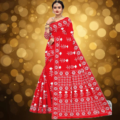 KAVACH TEXTILE Printed Daily Wear Pure Cotton Saree(Red)