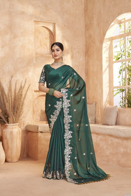 vasulaxmi Embroidered, Floral Print, Solid/Plain, Woven Bollywood Silk Blend Saree(Dark Green)