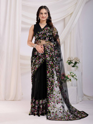 RegalDrapes Floral Print Bollywood Net Saree(Black)