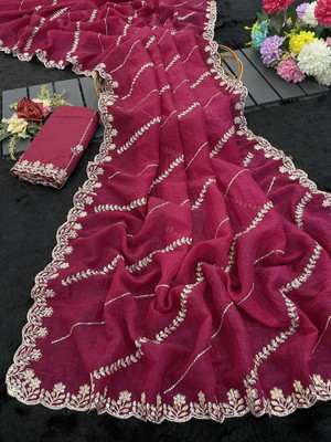 Ethina Fashion Embroidered Bollywood Chiffon Saree(Pink)