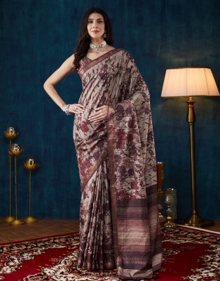 Samah Printed, Woven, Embellished Bollywood Silk Blend Saree(Maroon, Beige)