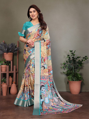 VILLAGIUS Digital Print Kalamkari Silk Blend Saree(Light Blue)