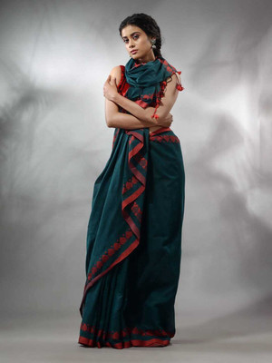 GaurabHandloom Self Design Handloom Cotton Blend Saree(Dark Green)