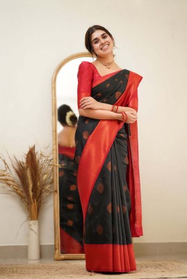 Ramani Fashion Woven Kanjivaram Jacquard, Pure Silk Saree(Black)