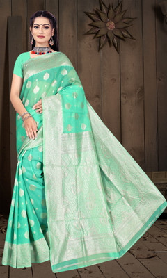 NENCY FASHION Woven Kanjivaram Silk Blend Saree(Light Green)