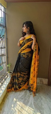 sourav biswas Woven Handloom Pure Cotton Saree(Black, Yellow)