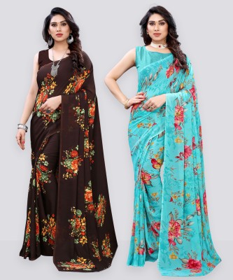 Samah Printed, Geometric Print, Floral Print Bollywood Georgette Saree(Pack of 2, Brown, Blue)