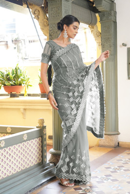 SUBHAM Embroidered, Embellished Bollywood Net Saree(Grey)