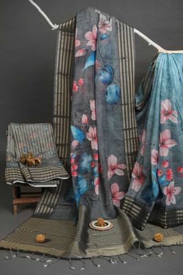 kaizen texo fab Floral Print Bollywood Linen Saree(Multicolor)