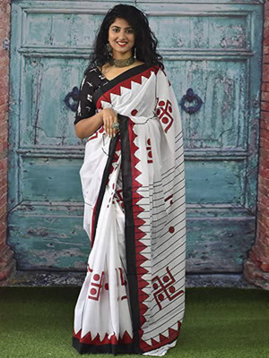 Sareemall Printed Daily Wear Cotton Blend Saree(White)