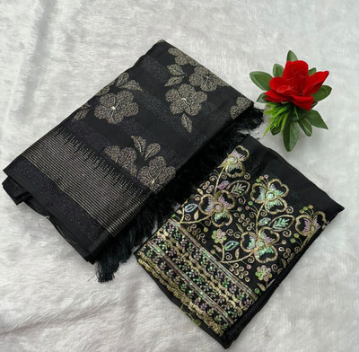 Ethina Fashion Floral Print Bollywood Brasso Saree(Black)