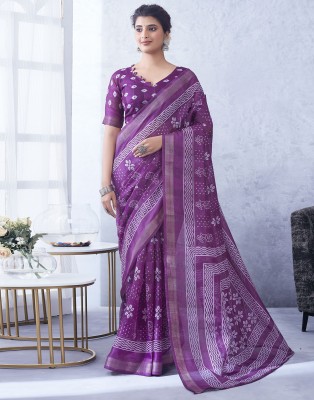 Samah Floral Print, Embellished, Striped Daily Wear Cotton Blend Saree(Purple, White)