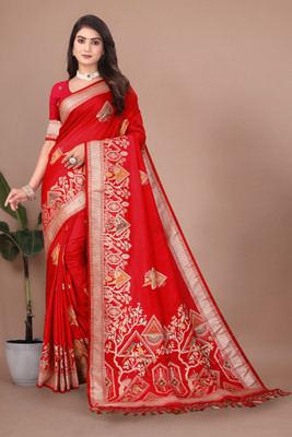 Bindi Woven, Geometric Print, Floral Print Banarasi Nylon Saree(Red)