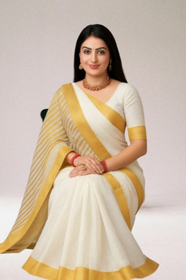 SHRISAREEESa Striped Bollywood Pure Cotton Saree(White, Yellow)