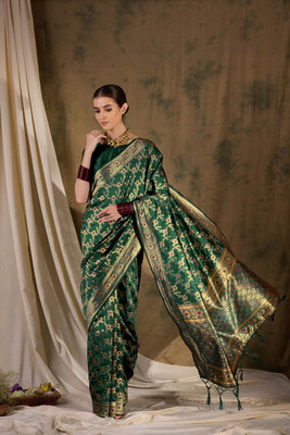 Sangria Woven Saree with Attached Blouse Silk Blend Saree(Green)