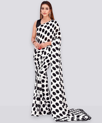 Anand Sarees Printed, Polka Print Daily Wear Georgette Saree(White, Black)