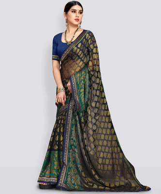 EMV Printed Bollywood Brasso, Chiffon Saree(Dark Blue, Gold)