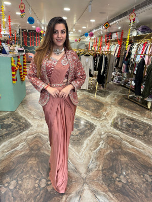 nilormy Embroidered Pre Draped Saree Tussar Silk Saree(Pink)