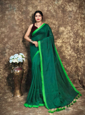 SRINJAN FASHION Solid/Plain Daily Wear Handloom Cotton Linen Saree(Green)
