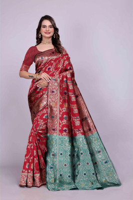 VKARAN Woven Kanjivaram Silk Blend Saree(Red)