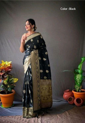 GREEN PEARS Woven Banarasi Silk Blend Saree(Black)