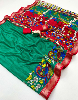 SDGRATITUDE Floral Print, Paisley, Printed, Woven, Embellished Daily Wear Cotton Blend, Viscose Rayon Saree(Green)