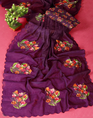 DHRAM CREATION Printed, Solid/Plain, Self Design, Floral Print Daily Wear Linen Saree(Purple)