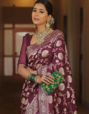 Samah Dyed, Self Design, Woven Banarasi Silk Blend Saree(Magenta)