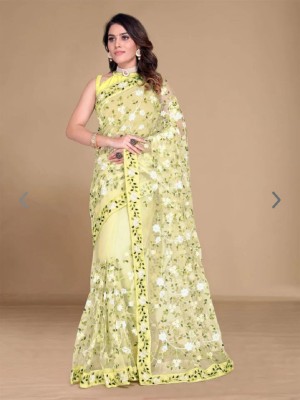 Verviza Embroidered Bollywood Net Saree(Yellow)