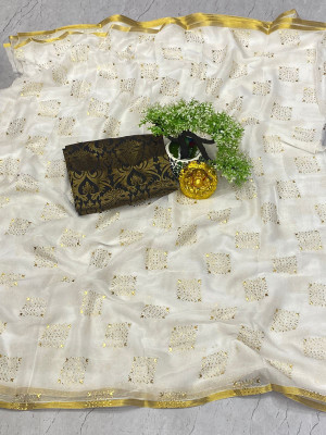 Desi Style Embellished Daily Wear Net, Chiffon Saree(White)