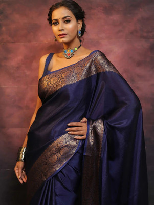 RASVRITI Solid/Plain Kanjivaram Pure Silk, Art Silk Saree(Dark Blue)