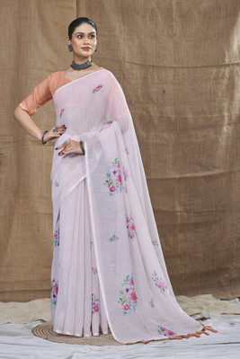 SHRIMAY Checkered Daily Wear Cotton Linen Saree(Orange, White)